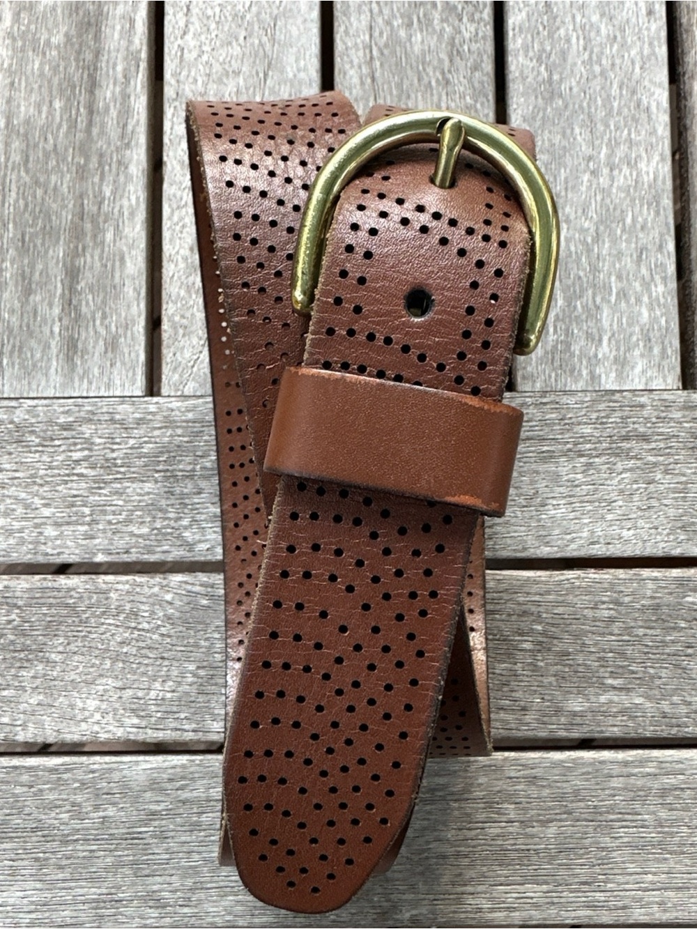 Fossil Leather Belt Women’s Size M Brown Perforated Brass Buckle Boho